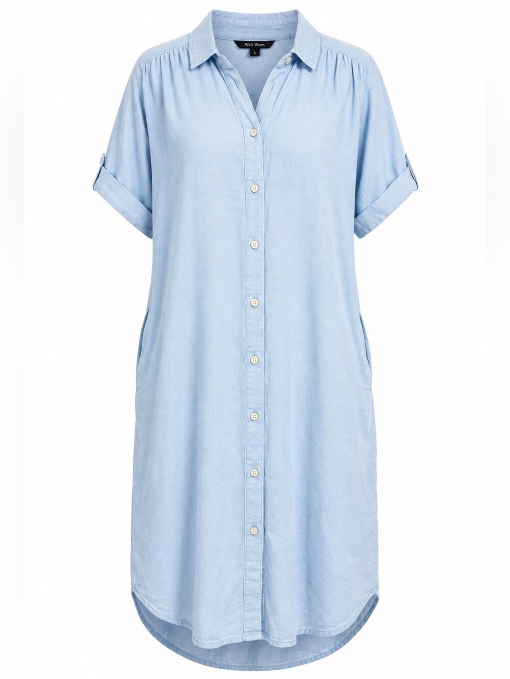 Well Worn Maggie Linen Blend Blue Button Front Shirt Dress L Pockets Lagenlook